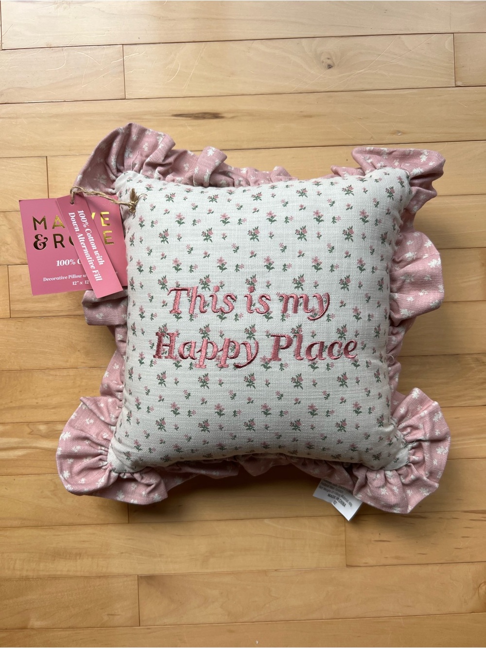 100% Cotton Decorative Pillow, This Is My Happy Place, Pink Ruffle NWT